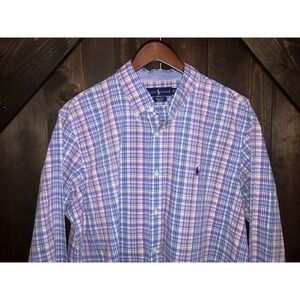 Polo Ralph Lauren Shirt Mens XL Pink Blue White Plaid 100% Cotton Stretch